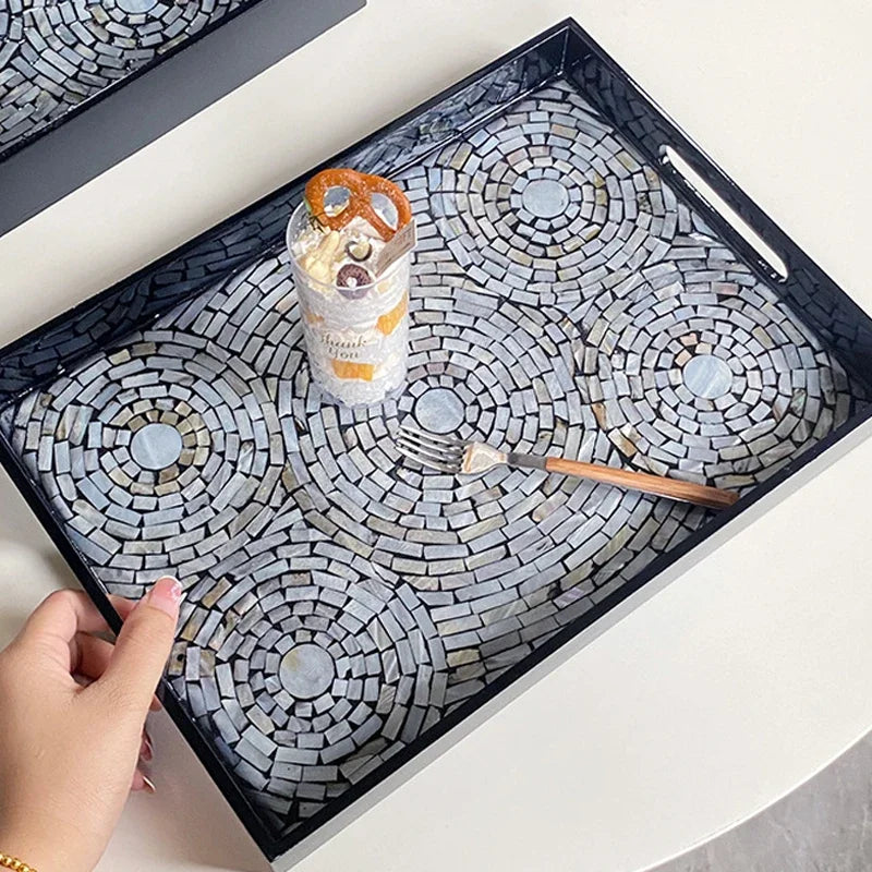 Ahunderjiaz-Bandeja Retro Shell Quadrado, Sala De Jantar E Sala De Estar, Decorações De Mesa, Armazenamento De Luxo Preto Leve, Bandeja De Frutas, Casa D