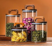 Tampa de madeira pote de vidro hermético recipiente de alimentos chá grãos de café garrafas de armazenamento de cozinha jar selado motivos frasco de doces