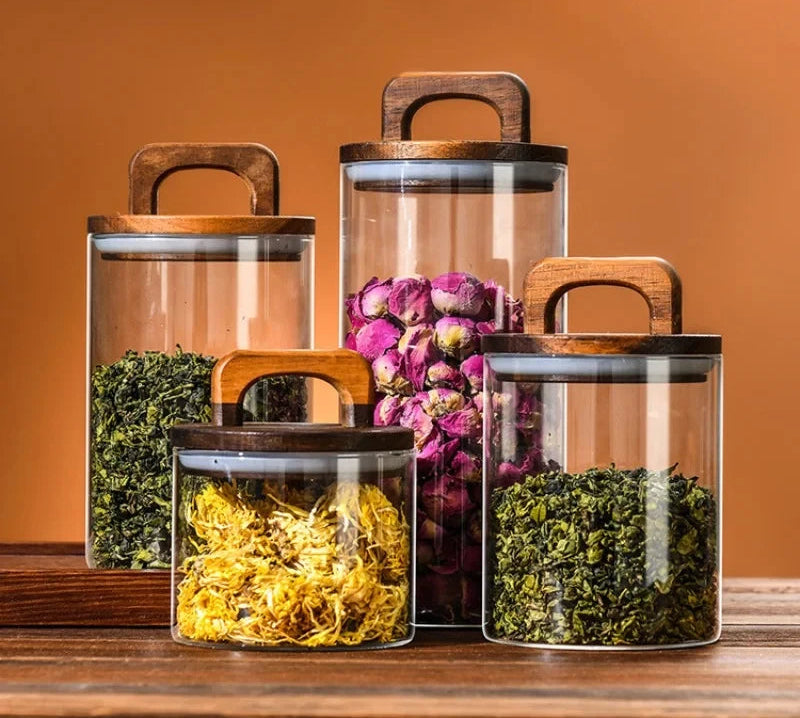 Tampa de madeira pote de vidro hermético recipiente de alimentos chá grãos de café garrafas de armazenamento de cozinha jar selado motivos frasco de doces