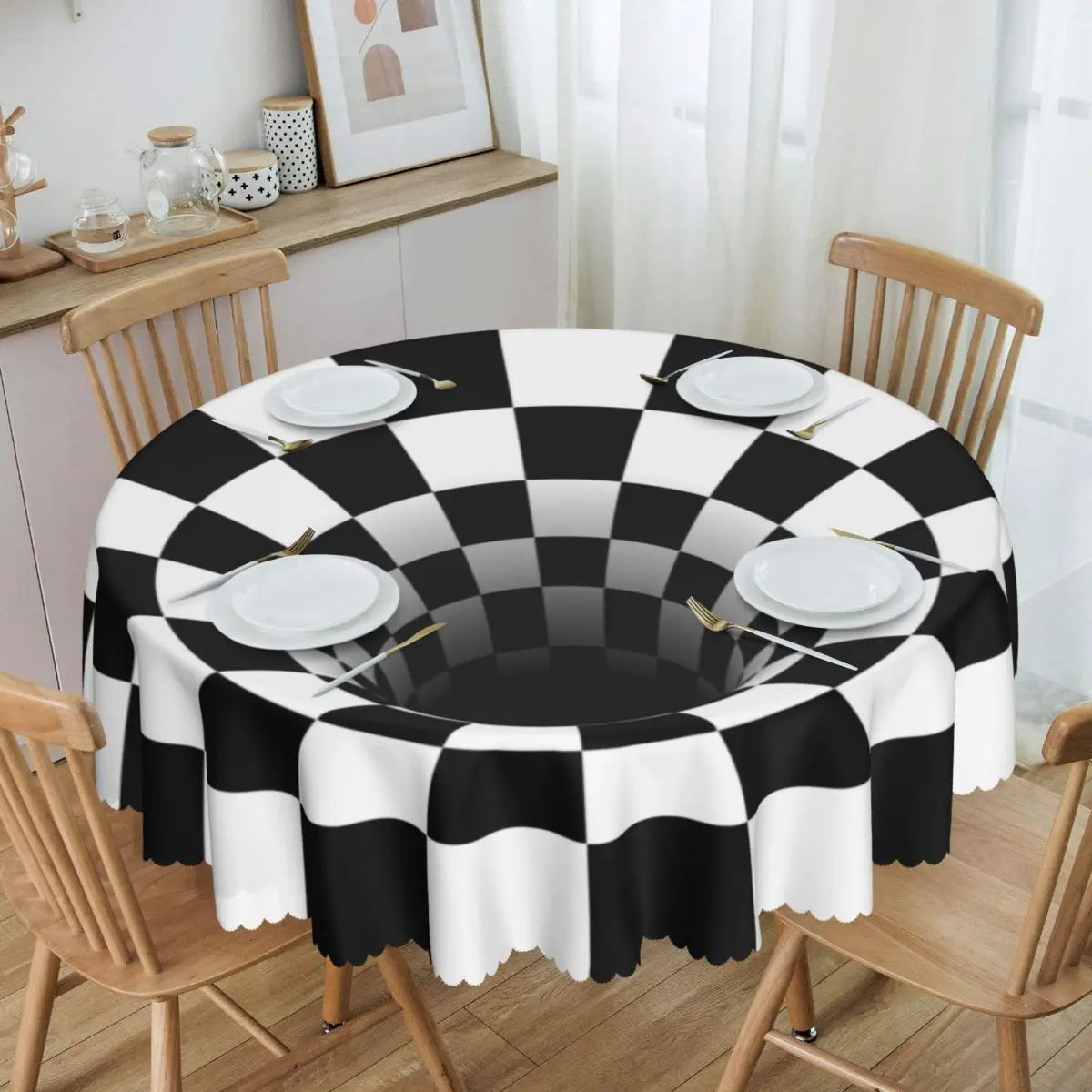 Toalha de Mesa Redonda Ilusão Óptica Preto e Branco 60"