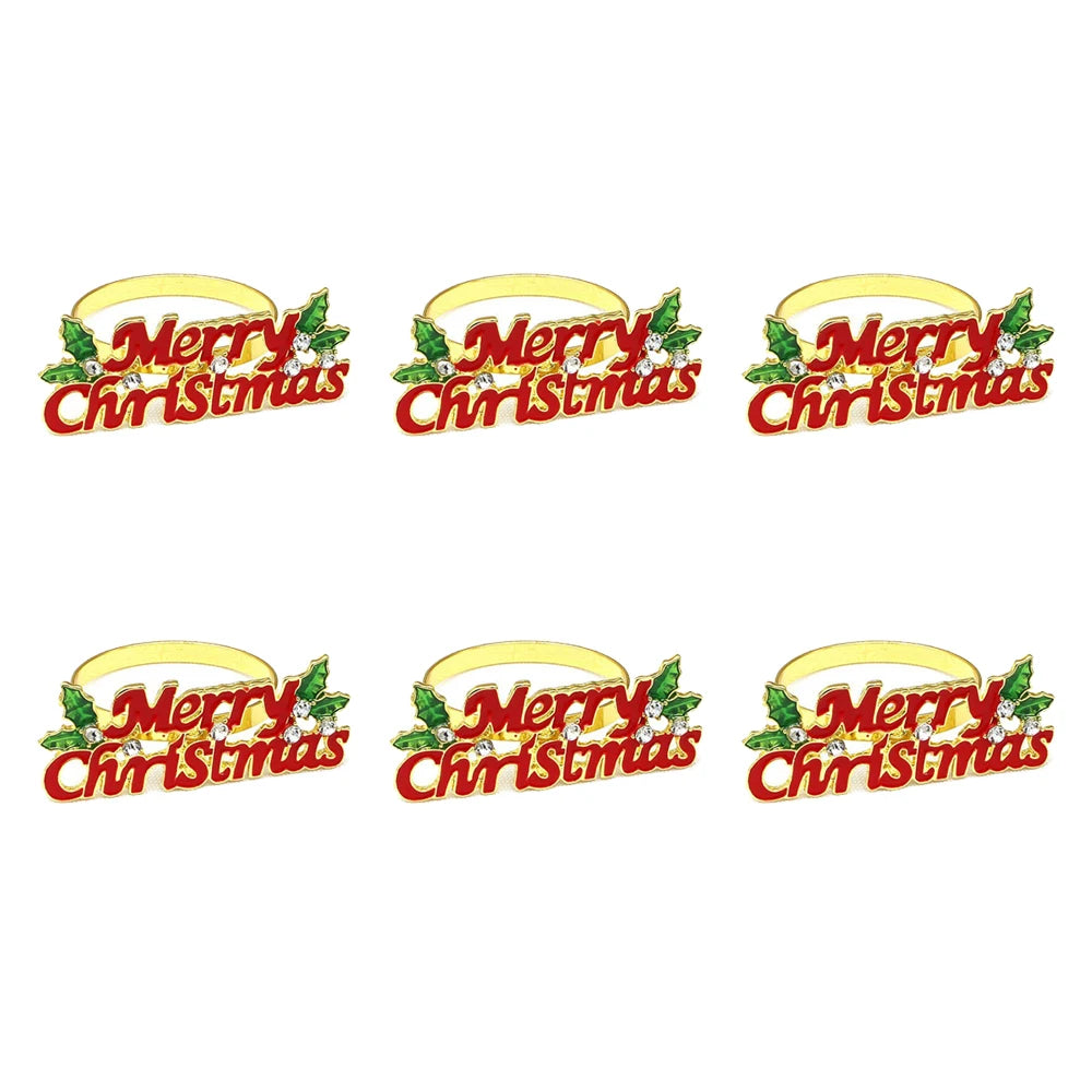 6 pçs anéis de guardanapo de natal árvore de natal floco de neve veados quebra-nozes guardanapo titular fivela de guardanapo de ouro para festa de natal decoração de mesa