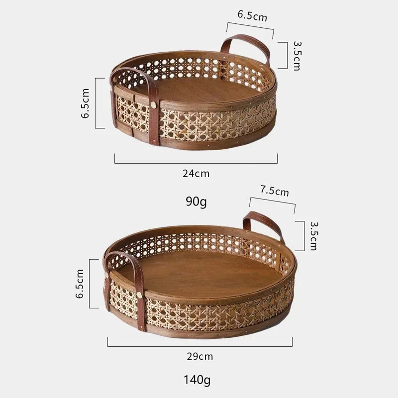 Nordic retro artesanal armazenamento rattan bandeja de couro alça frutas pão diversos desktop decoração da família cesta redonda pequena