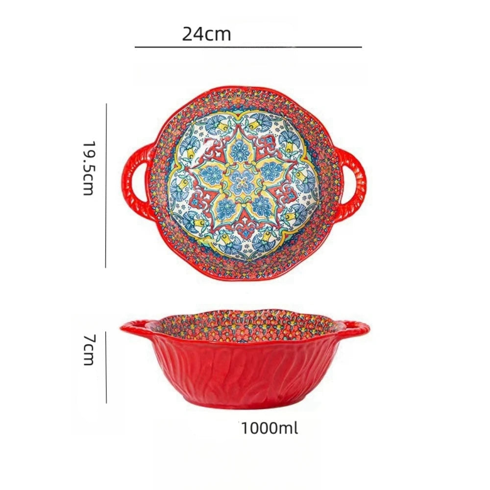 Tigela de sopa de cerâmica estilo boêmio com alça, design seguro para micro-ondas em relevo, ótimo para servir sopa, saladas, macarrão ramen