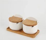 Jarra de tempero de cerâmica estilo japonês, tampa de bambu, jarra de especiarias com colher, cozinha, açúcar, sal, especiarias, caixa de armazenamento, recipiente doméstico