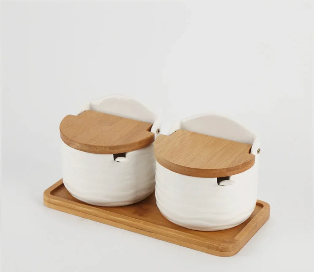 Jarra de tempero de cerâmica estilo japonês, tampa de bambu, jarra de especiarias com colher, cozinha, açúcar, sal, especiarias, caixa de armazenamento, recipiente doméstico