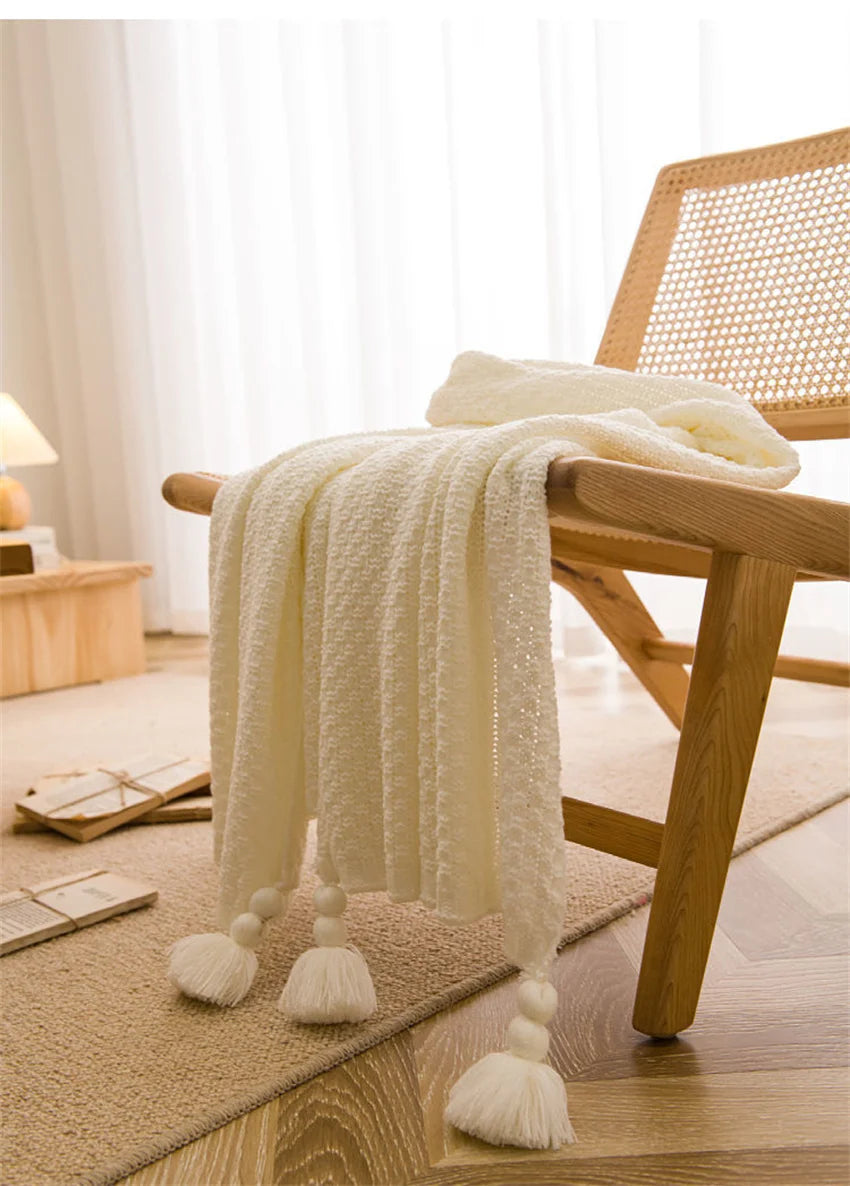 Cobertores nórdicos para cama, sofá, colcha de malha grossa, cobertor de malha com borla, cor lisa, waffle em relevo