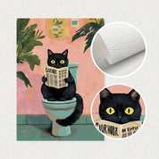 Caprichoso gato preto leitura jornal cartaz imprime banheiro vintage rosa maximalista decoração engraçado toalete pintura em tela arte da parede