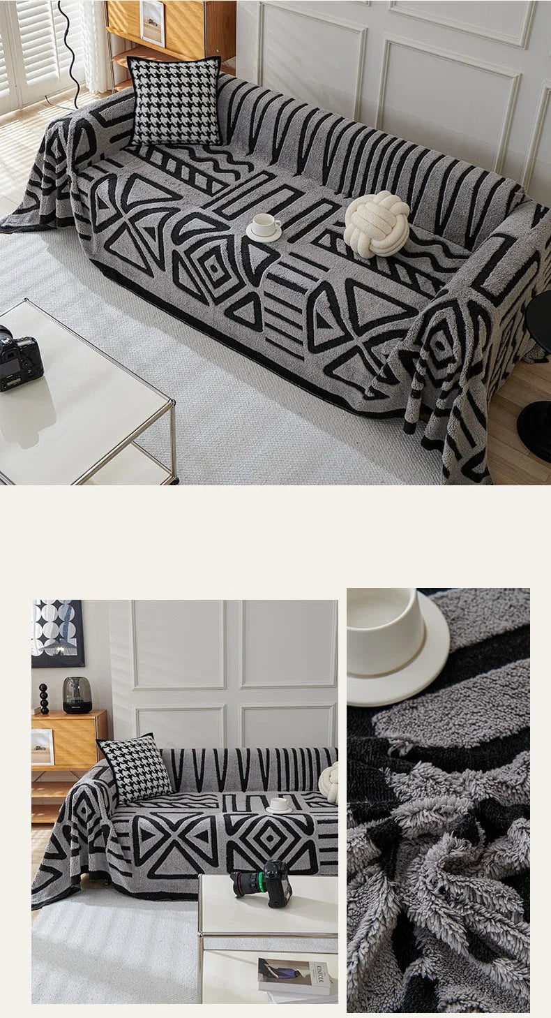 Capa de sofá de pelúcia de lã polar, espessura de pano, antiderrapante, toalha de sofá, estampa geométrica, almofada de assento, cobertor de cobertura completa
