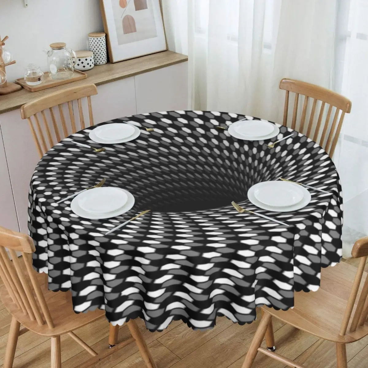 Toalha de Mesa Redonda Ilusão Óptica Preto e Branco 60"