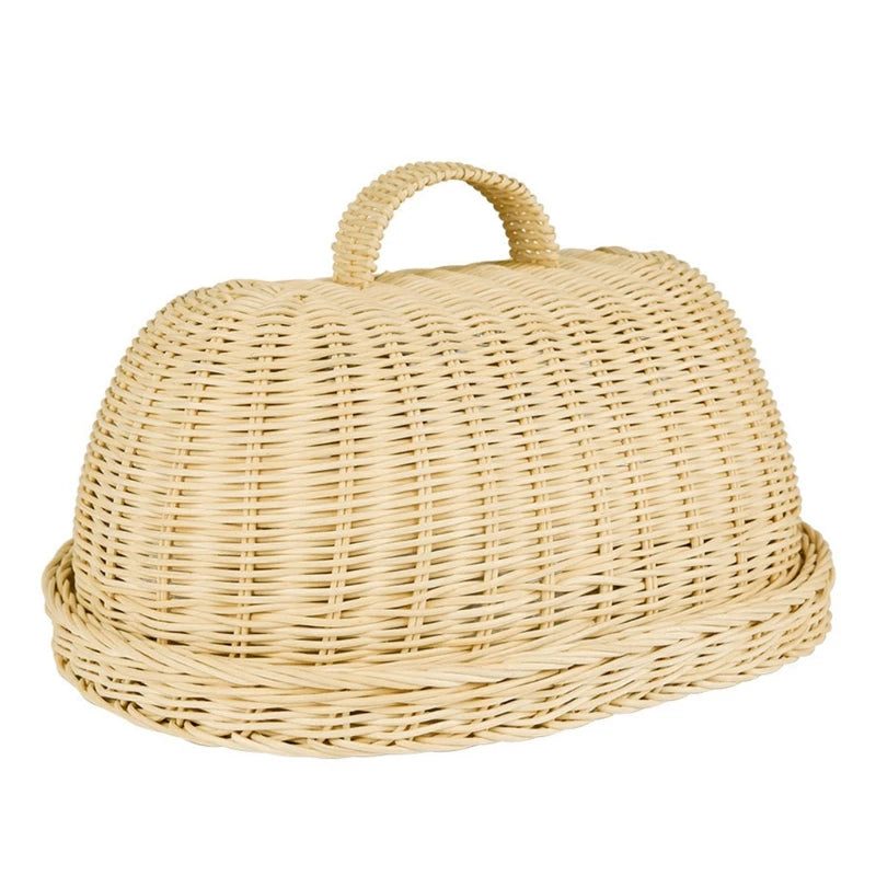 Handwoven Rattan Bread Basket, alimentos frutas e legumes servindo cestas, capa à prova de poeira, organizador despensa para cozinha