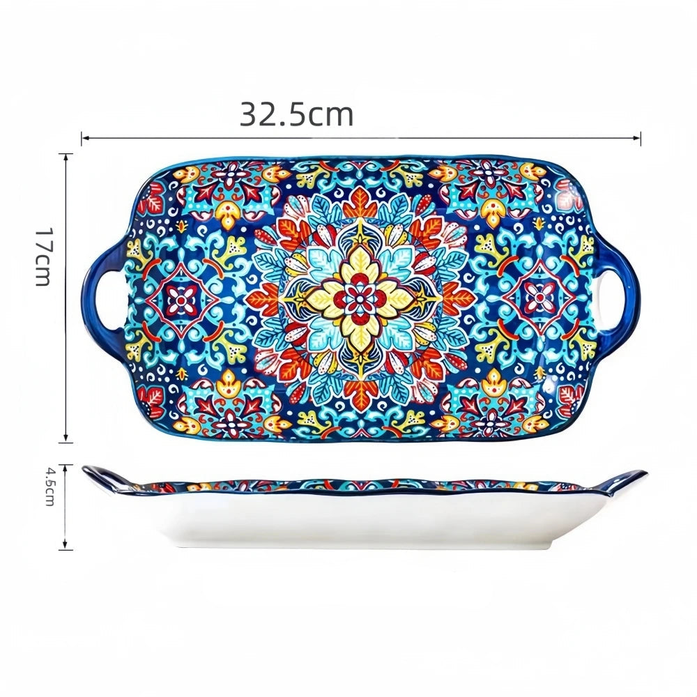 Prato de peixe de cerâmica estilo boêmio com alça: bandeja retangular de mesa de jantar de 12,8 polegadas, adequado para micro-ondas e forno, 1 peça