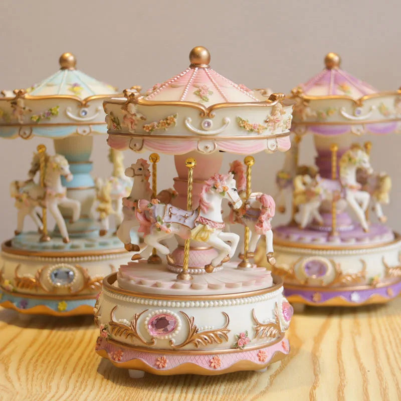 Brinquedo musical de resina artesanal, cavalo giratório, carrossel, caixa de música, artesanato, decoração de casa, brinquedos colecionáveis, presente de aniversário