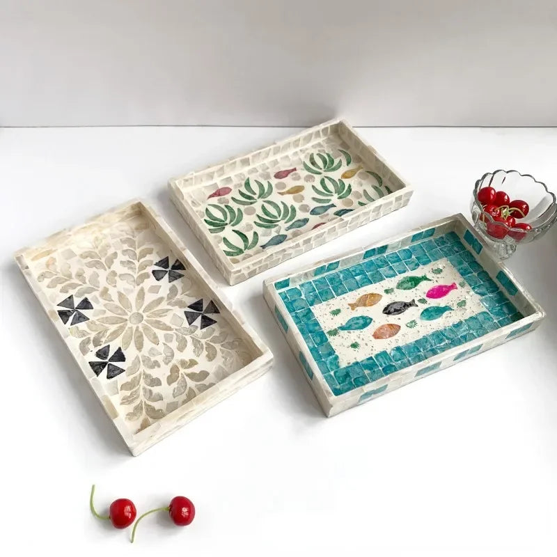 Bandeja retangular de concha oval, placa de armazenamento colorida, sala de estar, bolo, café, restaurante, decorações de armazenamento, organizador de joias