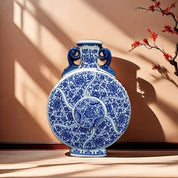 Vaso de porcelana artesanal com decoração tradicional chinesa floral azul e branco, garrafa de lua de orelha dupla estilo antigo