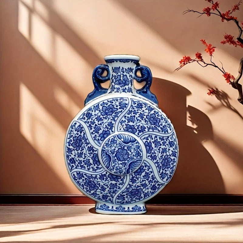 Vaso de porcelana artesanal com decoração tradicional chinesa floral azul e branco, garrafa de lua de orelha dupla estilo antigo