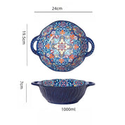 Tigela de sopa de cerâmica estilo boêmio com alça, design seguro para micro-ondas em relevo, ótimo para servir sopa, saladas, macarrão ramen