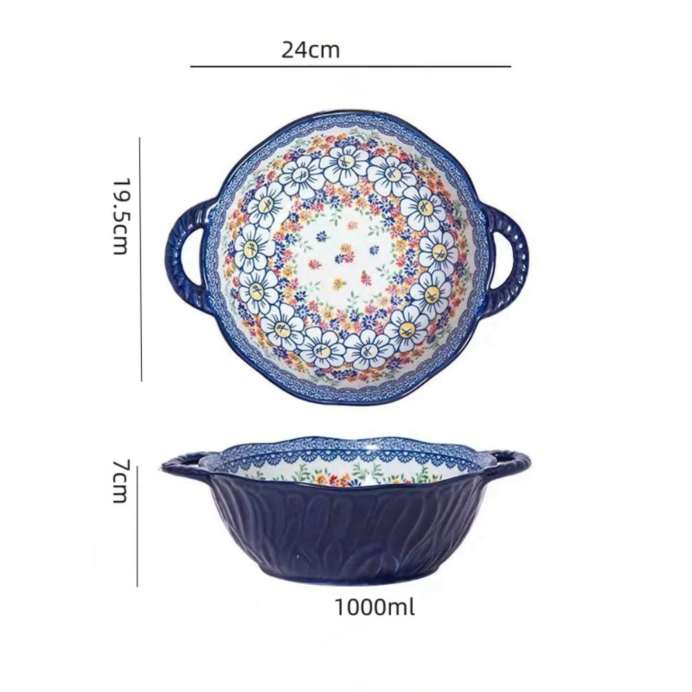 Tigela de sopa de cerâmica estilo boêmio com alça, design seguro para micro-ondas em relevo, ótimo para servir sopa, saladas, macarrão ramen