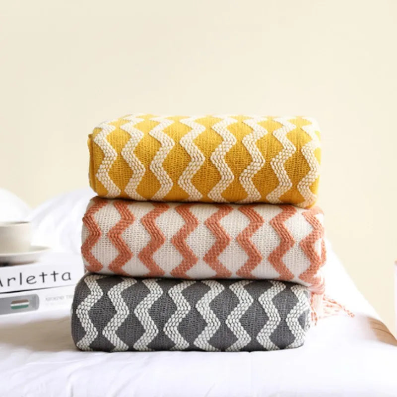 Cobertor de malha acrílica onda cinza, leve e macio, cobertor decorativo com borlas para viagens, sofá, cama