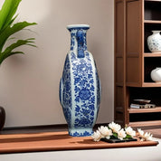 Vaso de porcelana artesanal com decoração tradicional chinesa floral azul e branco, garrafa de lua de orelha dupla estilo antigo