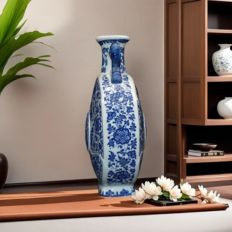 Vaso de porcelana artesanal com decoração tradicional chinesa floral azul e branco, garrafa de lua de orelha dupla estilo antigo