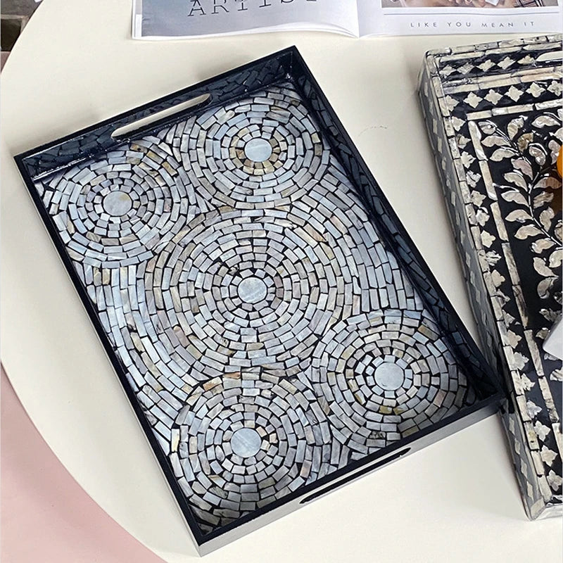 Ahunderjiaz-Bandeja Retro Shell Quadrado, Sala De Jantar E Sala De Estar, Decorações De Mesa, Armazenamento De Luxo Preto Leve, Bandeja De Frutas, Casa D