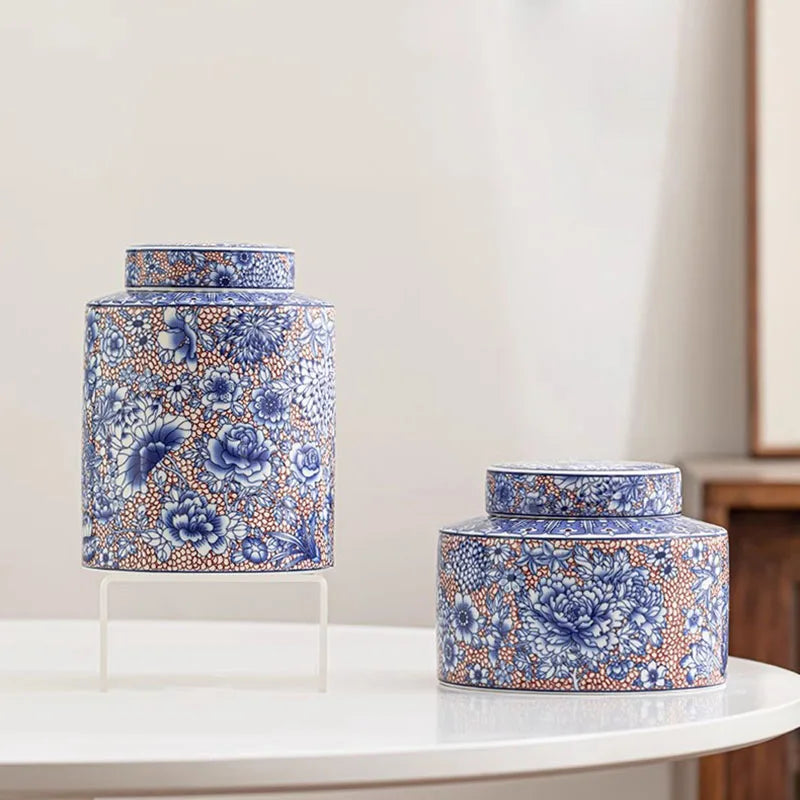 Jarra de chá de cerâmica chinesa, jarra de doces roxa de alta qualidade, caixa selada de porcelana azul e branca, garrafa de cerâmica funcional, ornamento para casa