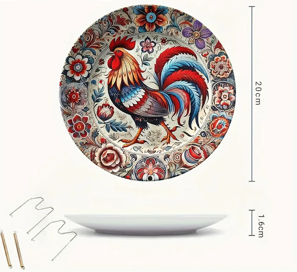 Prato Decorativo de Cerâmica com Estampa Floral de Galo