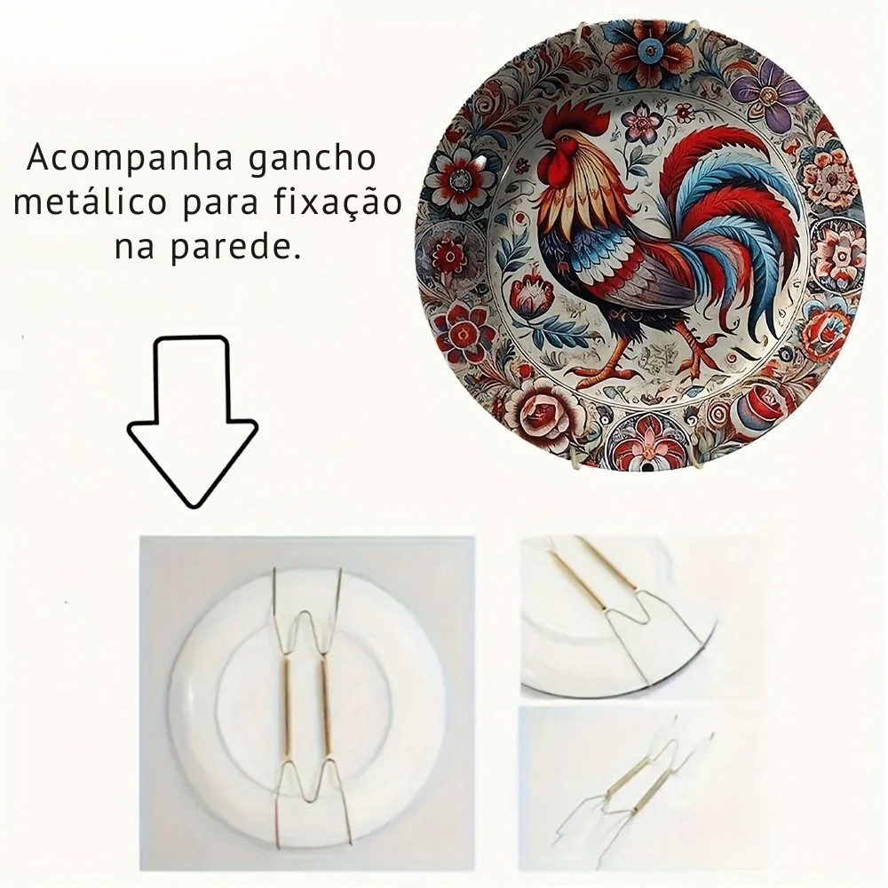 Prato Decorativo de Cerâmica com Estampa Floral de Galo