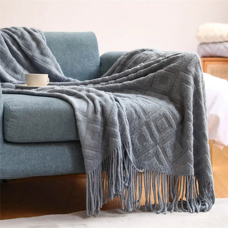 Nordic malha cobertor para camas, sofá cobertores, adereços foto, ar condicionado borla, xadrez jogue, Chunky cama