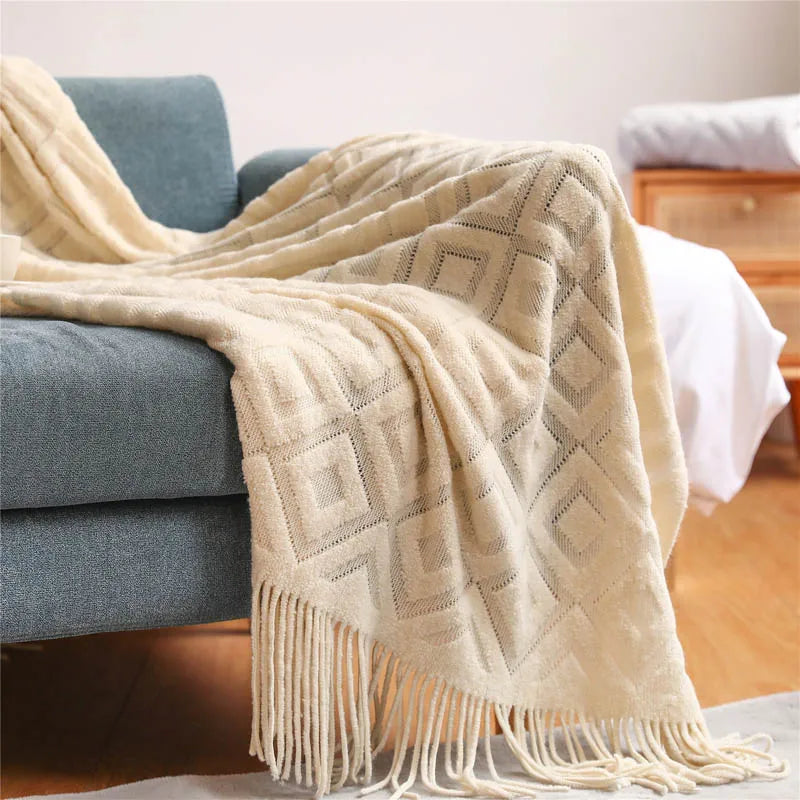 Nordic malha cobertor para camas, sofá cobertores, adereços foto, ar condicionado borla, xadrez jogue, Chunky cama