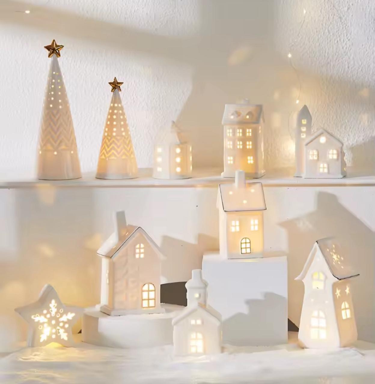 Casas de Cerâmica Iluminadas para Decoração Natalina