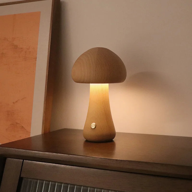 Cogumelo bonito led night light lâmpada de mesa de cabeceira de madeira com interruptor de toque decoração do quarto lâmpada de cogumelo ambiental de alto nível
