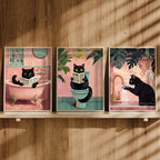 Caprichoso gato preto leitura jornal cartaz imprime banheiro vintage rosa maximalista decoração engraçado toalete pintura em tela arte da parede