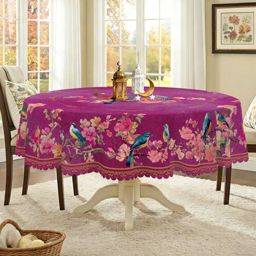 Toalha de mesa floral e pássaro estilo chinês, padrão floral e pássaro rosa, estilo de pintura de lavagem de tinta, pássaro azul, padrão de impressão floral florescendo, bordas em relevo, presente perfeito para família e amigos