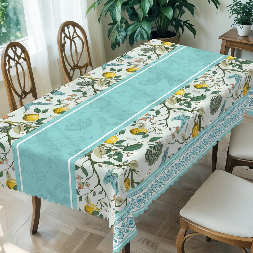 Toalha de mesa estilo vintage, design floral retrô clássico, beija-flor, galhos, limões vibrantes, bordas em relevo, à prova d'água, resistente ao desbotamento, adequado para mesa de jantar, varanda P-084