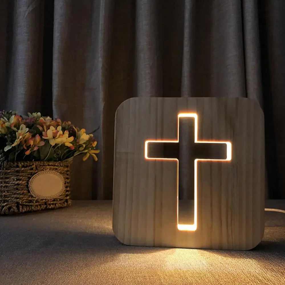 Luz led cristã cruz de madeira ornamentos usb led night light decoração de mesa cristã em pé igreja cruz miniaturas