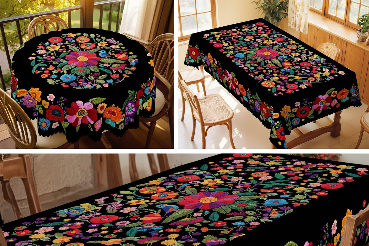 1 peça, toalha de mesa de flores coloridas estilo mexicano + 4 peças autoadesivas, padrão de flores, borda em relevo, adequada para decoração de quarto de cozinha em casa, presente perfeito