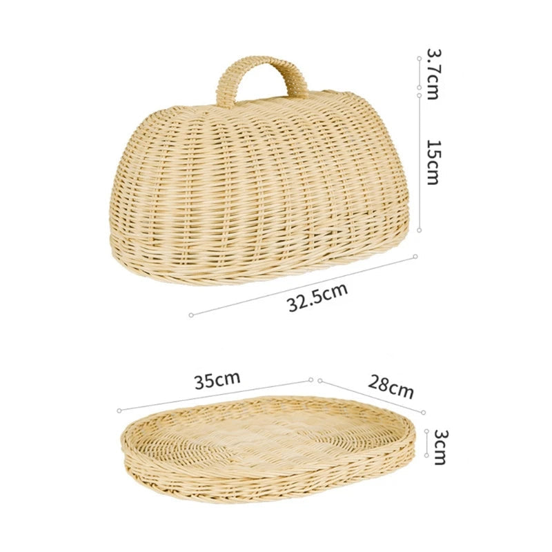 Handwoven Rattan Bread Basket, alimentos frutas e legumes servindo cestas, capa à prova de poeira, organizador despensa para cozinha