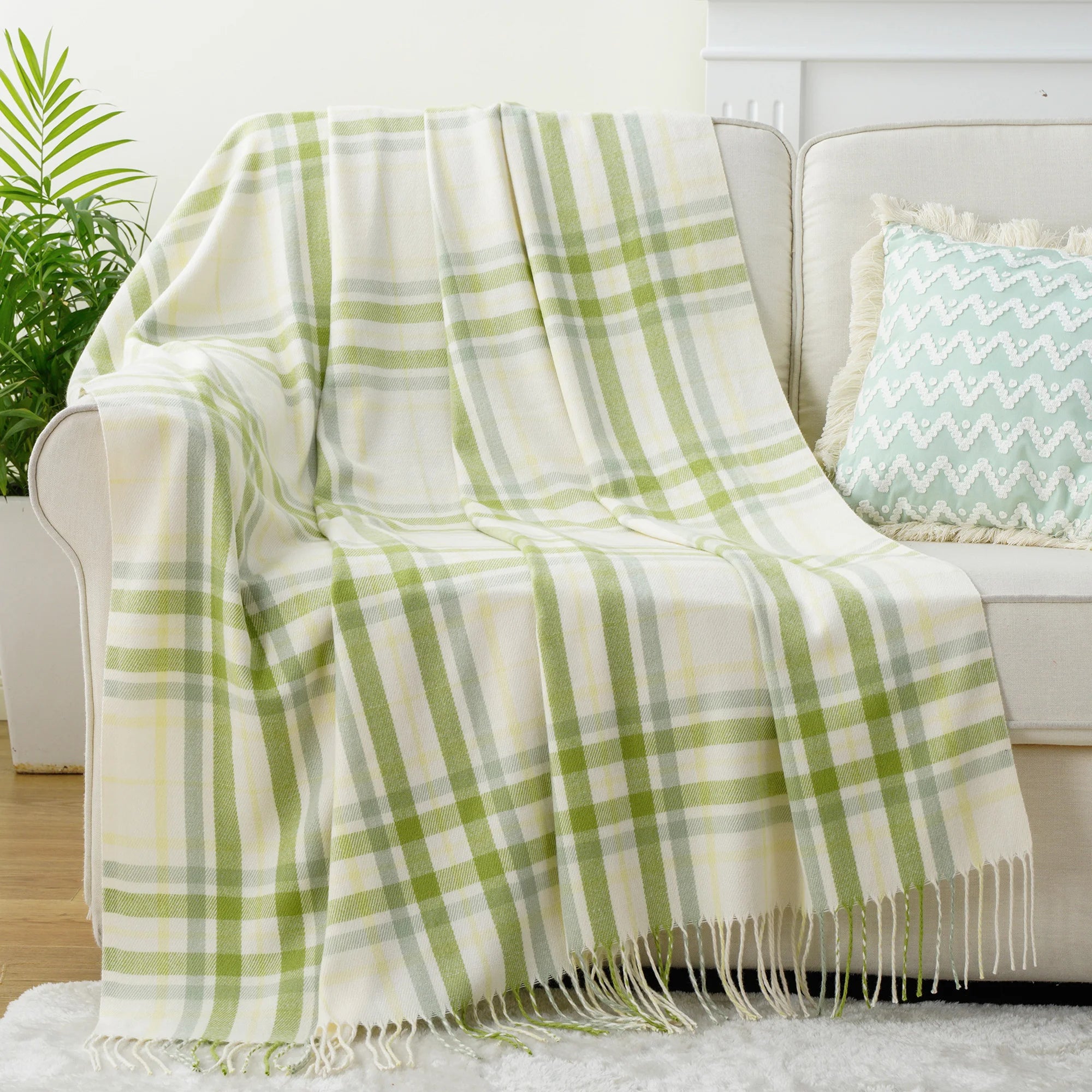 Battilo xadrez lance cobertor para cama sofá verde leve cobertor de caxemira cobertores com borlas primavera lance decoração para casa