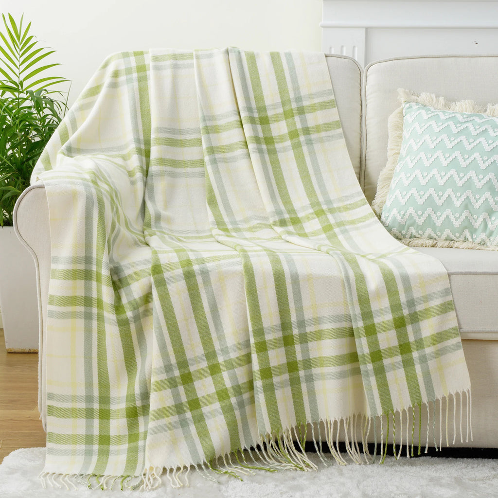 Battilo xadrez lance cobertor para cama sofá verde leve cobertor de caxemira cobertores com borlas primavera lance decoração para casa