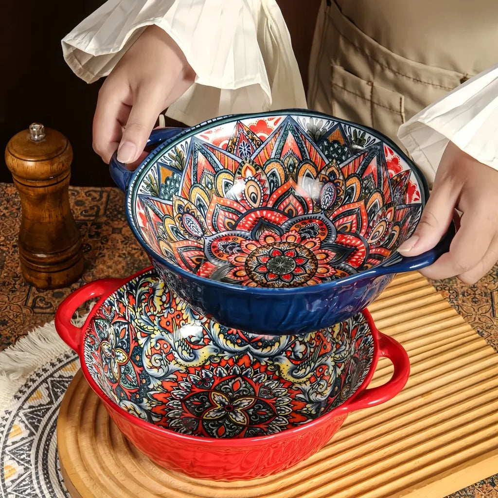 Tigela de sopa de cerâmica estilo boêmio com alça, design seguro para micro-ondas em relevo, ótimo para servir sopa, saladas, macarrão ramen