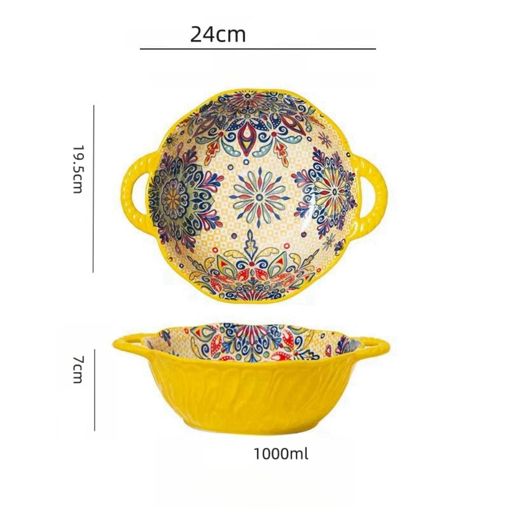 Tigela de sopa de cerâmica estilo boêmio com alça, design seguro para micro-ondas em relevo, ótimo para servir sopa, saladas, macarrão ramen