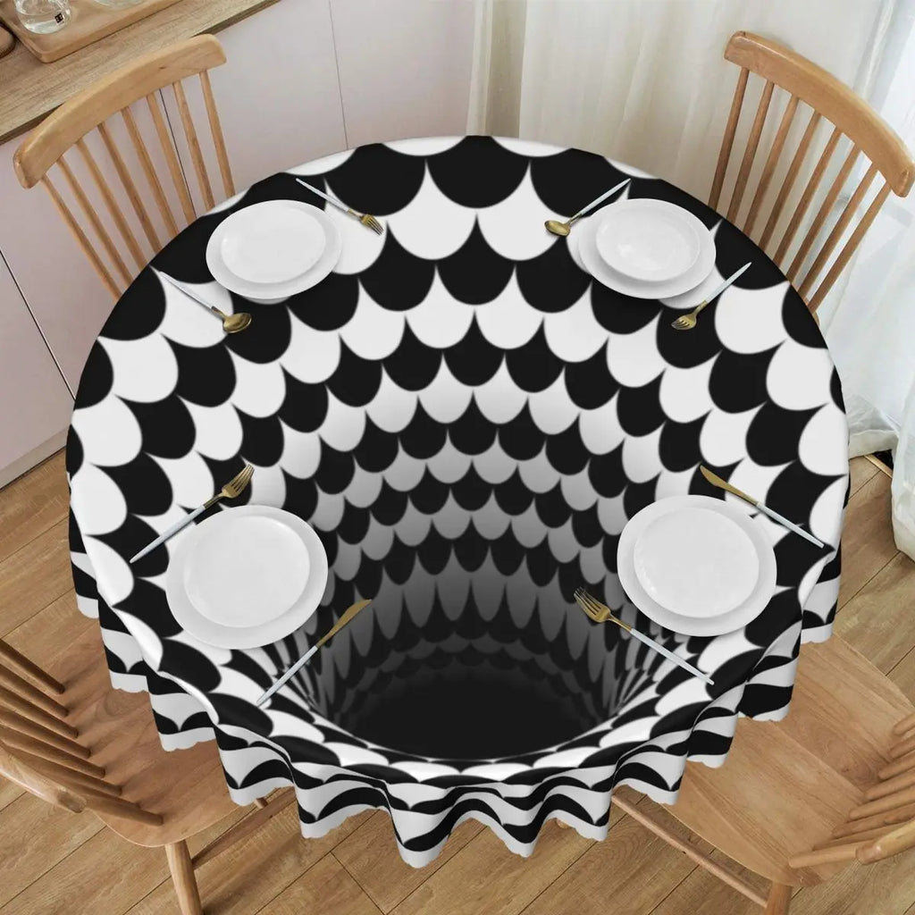 Toalha de Mesa Redonda Ilusão Óptica Preto e Branco 60"