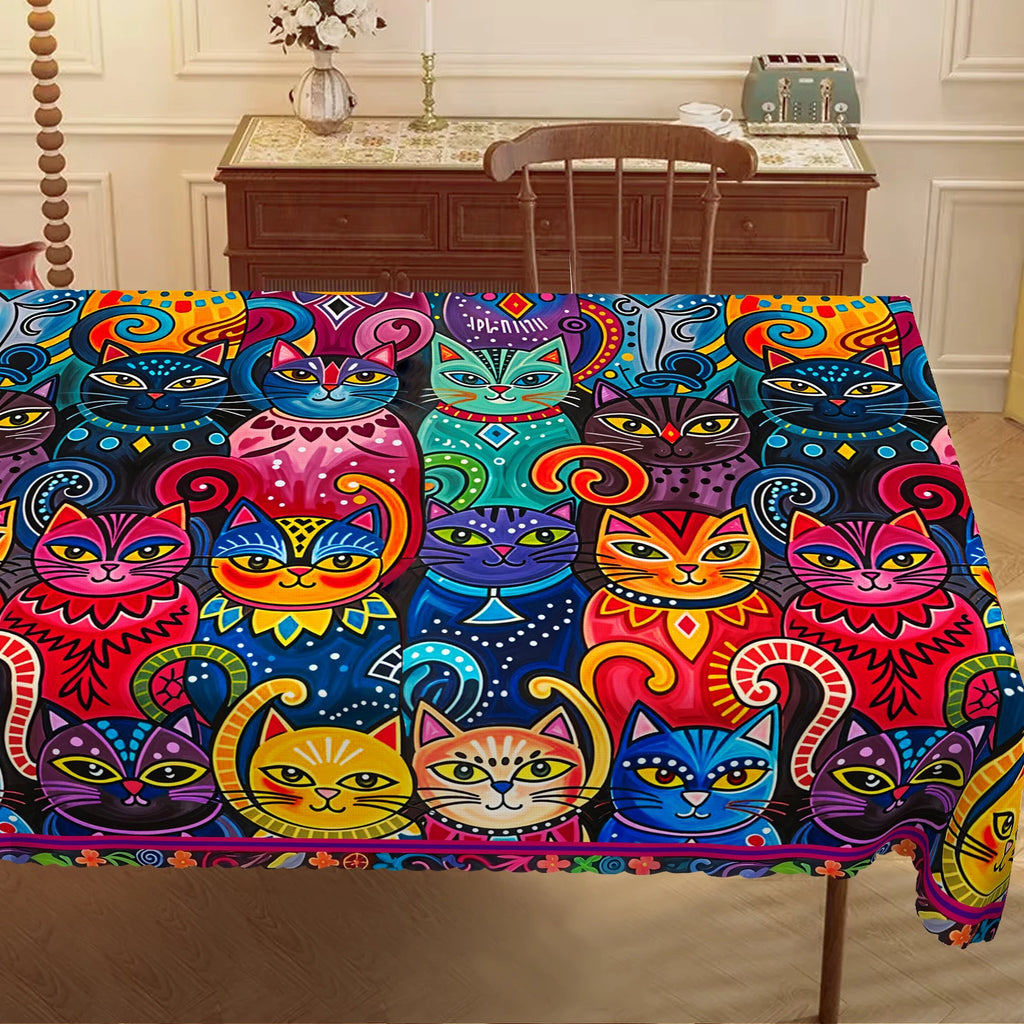 1 peça, toalha de mesa redonda/retangular com tema de gato fofo + 4 adesivos autoadesivos, material de poliéster tecido, padrão de gato e estampa floral, adequado para decoração de quarto
