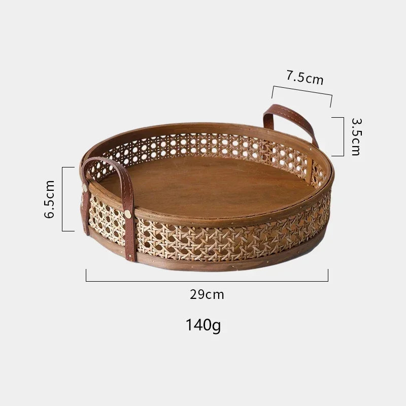 Nordic retro artesanal armazenamento rattan bandeja de couro alça frutas pão diversos desktop decoração da família cesta redonda pequena