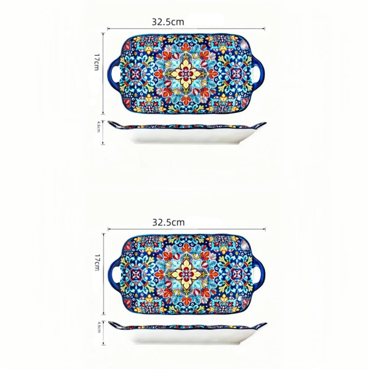 Prato de peixe de cerâmica estilo boêmio com alça: bandeja retangular de mesa de jantar de 12,8 polegadas, adequado para micro-ondas e forno, 1 peça