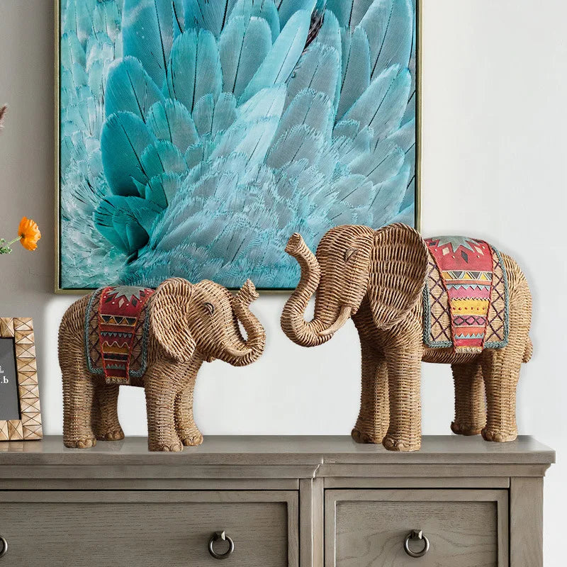 Ornamentos de artesanato de resina trançado pintados à mão elefante ornamento simulação estátua animal artesanal elefante decoração