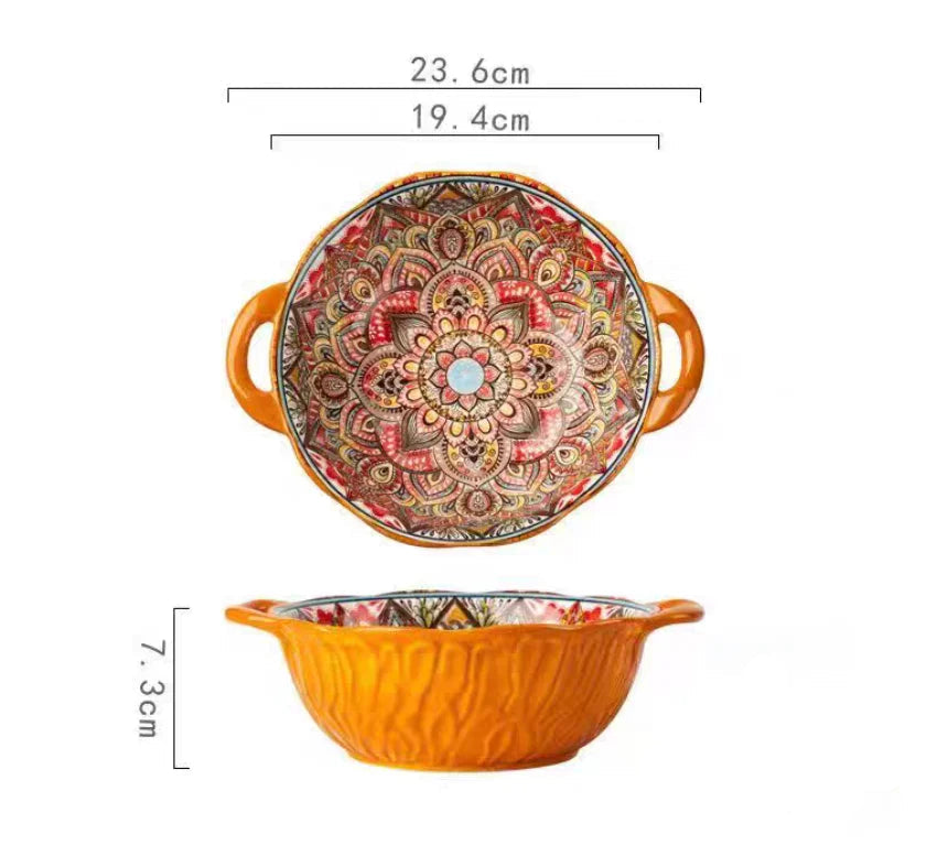 Tigela de sopa de cerâmica estilo boêmio com alça, design seguro para micro-ondas em relevo, ótimo para servir sopa, saladas, macarrão ramen