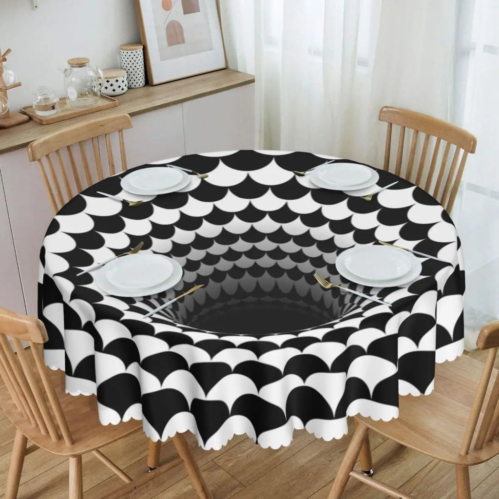 Toalha de Mesa Redonda Ilusão Óptica Preto e Branco 60"