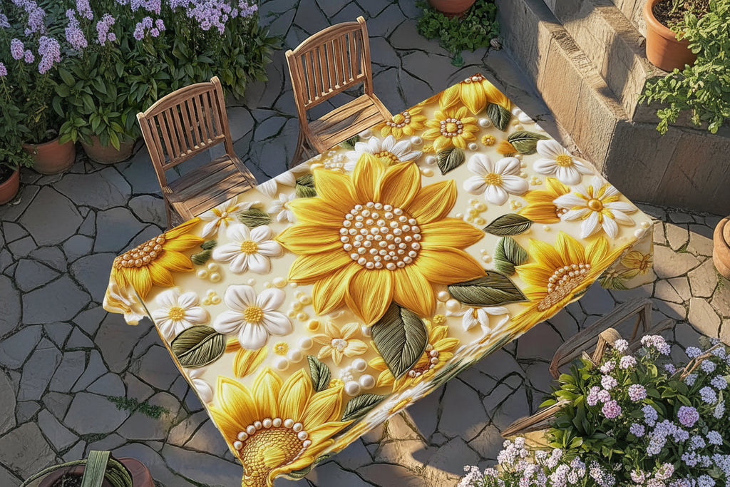 1 Toalha de mesa criativa com estampa de flor estéreo 3D, flores amarelas brilhantes, design de padrão de pérola, piquenique estilo de acampamento de primavera e verão, temporada de casamento, dia das mães, aniversário, decoração de festa de aniversário de jardim, acessórios de cozinha, terraço de restaurante, presente perfeito para amigos, vários tamanhos